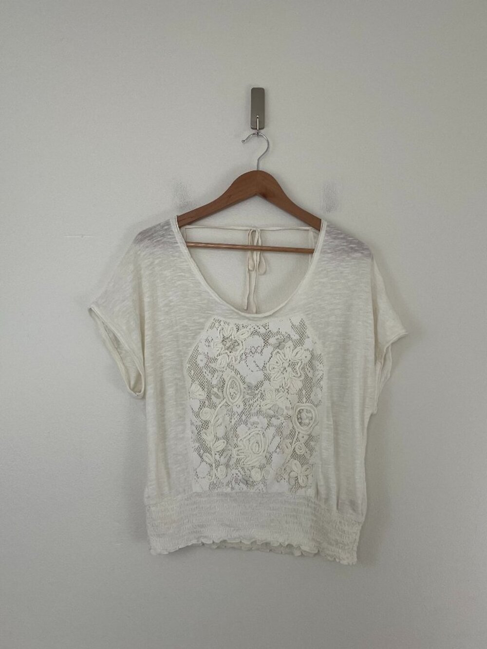 Free People White Floral Lace Burnout Short Sleeve Top Size Medium